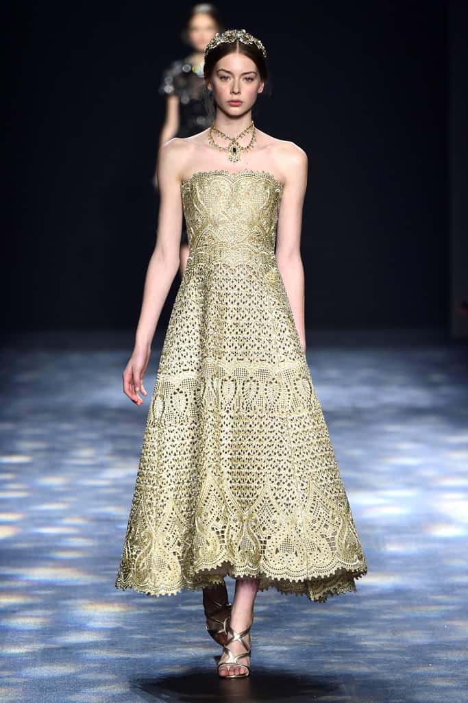 NEW YORK, NY - FEBRUARY 17: A model walks the runway wearing Marchesa Fall 2016 during New York Fashion Week: The Shows at The Dock, Skylight at Moynihan Station on February 17, 2016 in New York City. (Photo by Frazer Harrison/Getty Images for NYFW: The Shows)